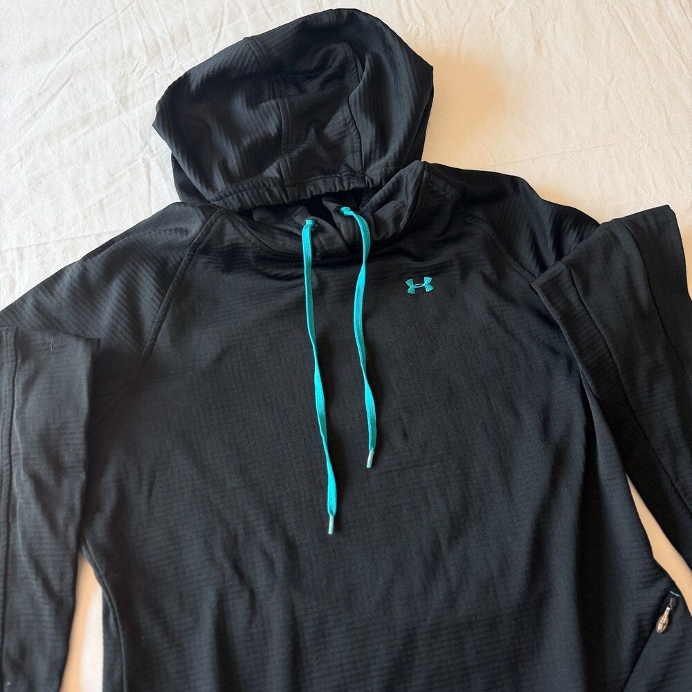 Under Armour Womens Black ColdGear Grid Fleece Pullover Hoodie Teal Accent M